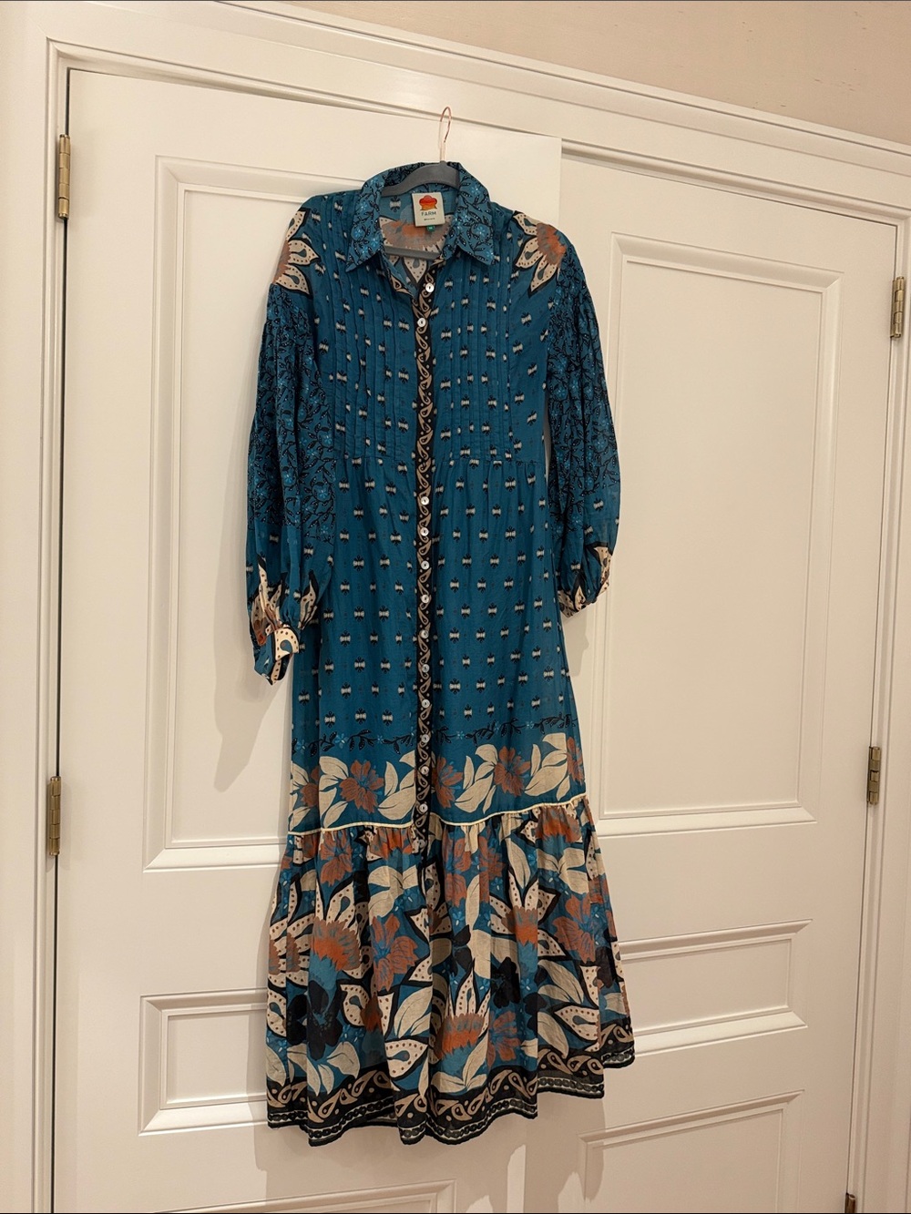 Farm Rio Teal Floral Tiered Button-Front Women’s Dress